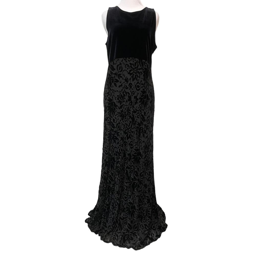 VTG Carole Little Burnout Velvet Maxi Evening Formal Dress 10 Black Silk Blend